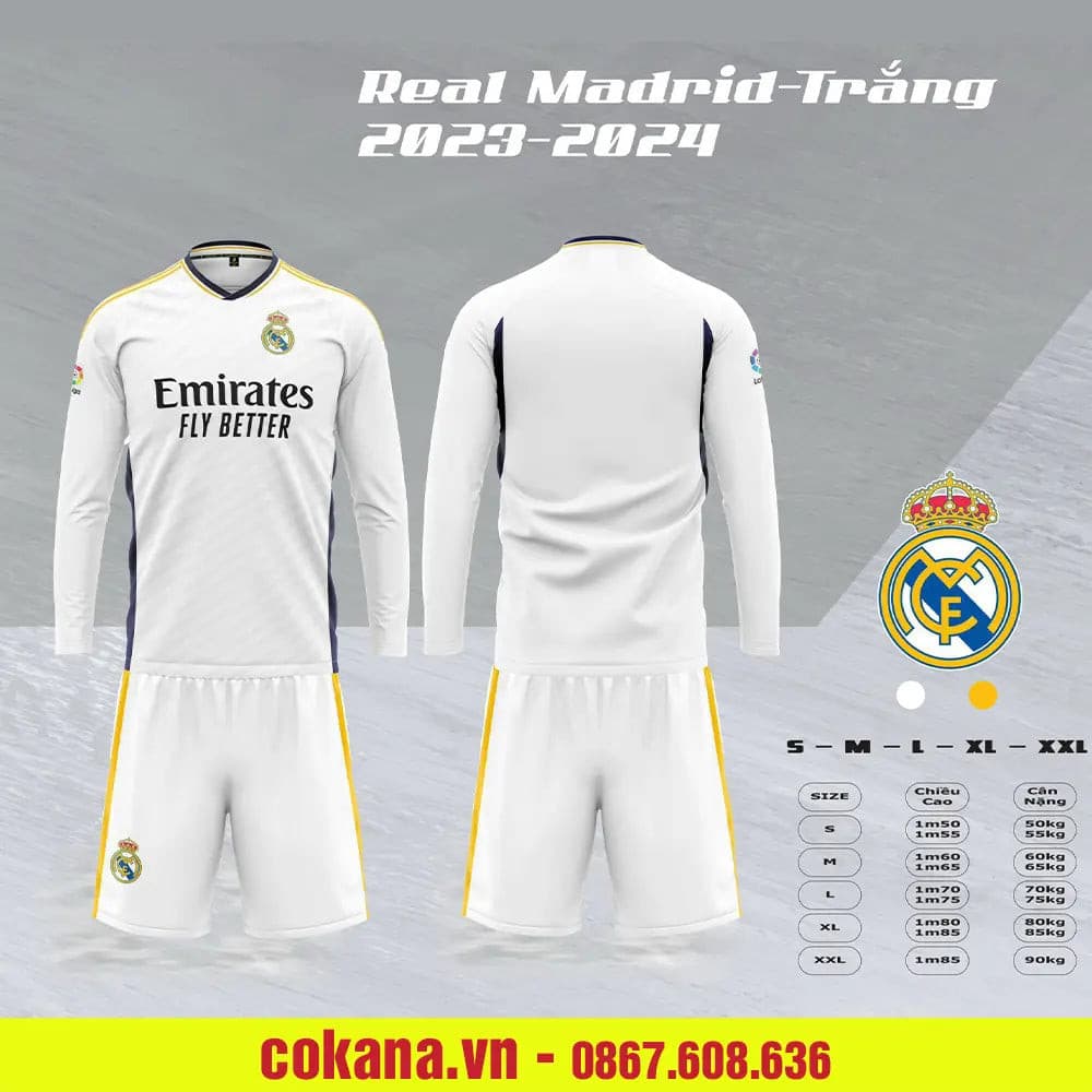 Quần áo bóng đá Real Madrid tay dài thun lạnh SV 2023-24 - Trắng / S Trắng S - COKANA