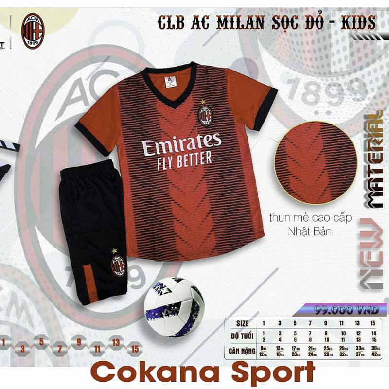 Quần áo bóng đá trẻ em AC Milan sọc đỏ đen thun mè DK - COKANA