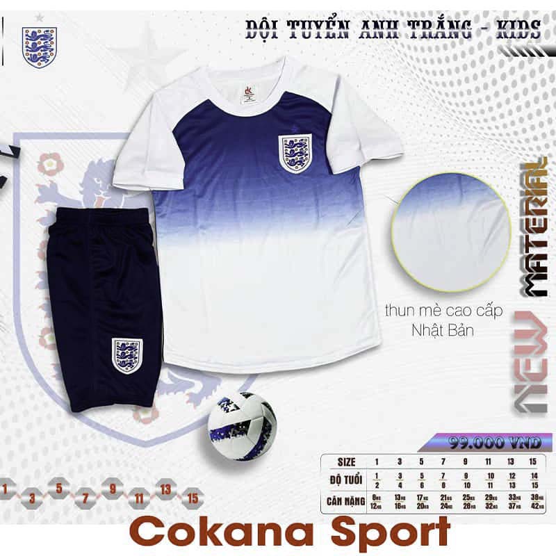 Quần áo bóng đá trẻ em dội tuyển Anh trắng thun mè cao cấp - COKANA